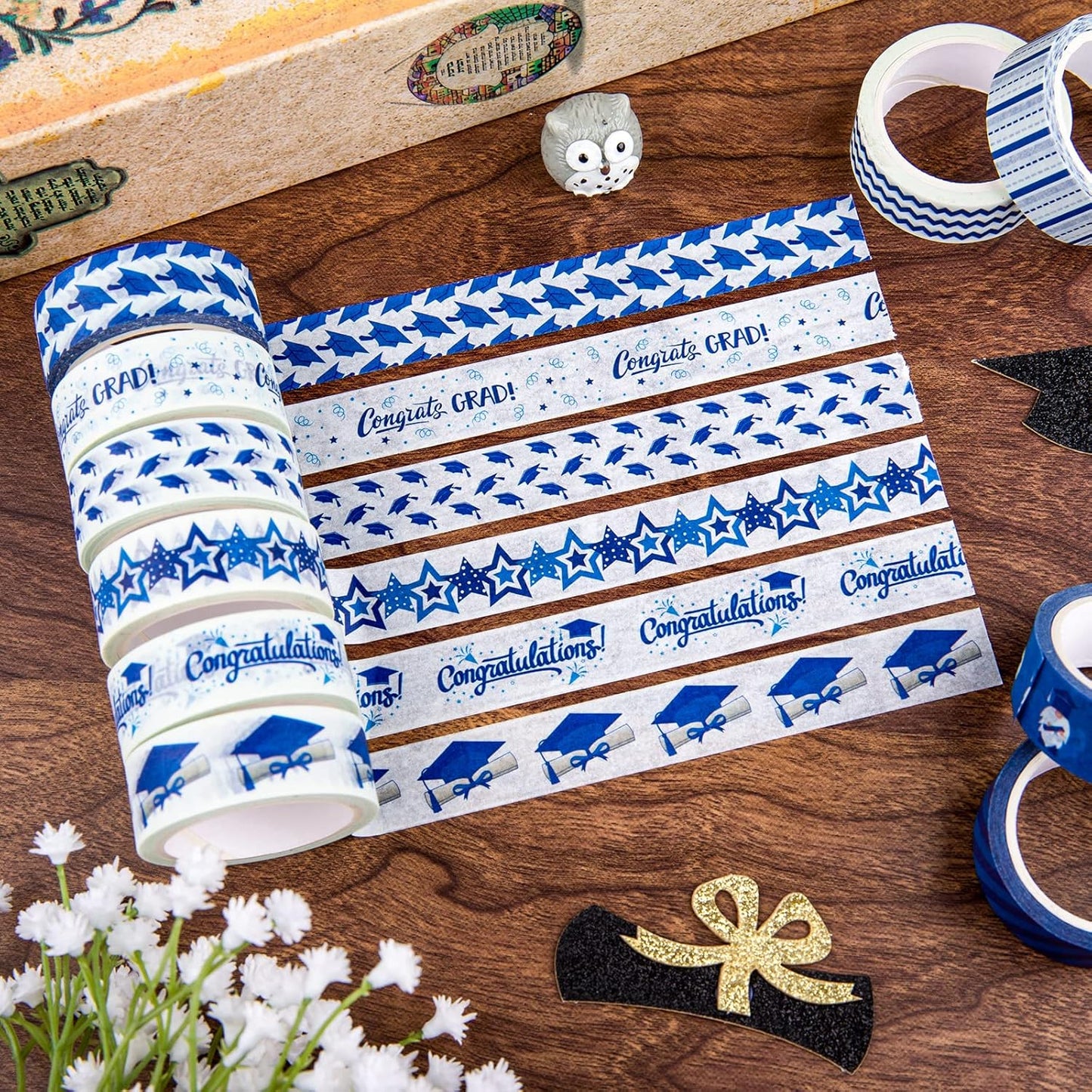 Whaline 12 Rolls Graduation Washi Tape Blue White Congrats Grad Washi Masking Tape Congratulations Star Grad Cap Decorative Paper Stickers for Graduation Scrapbook Gift Wrapping DIY Art Crafts