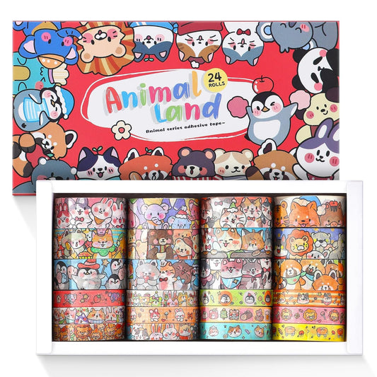 24 Rolls Colorful Cute Cartoon Animal Writable Washi Tape Set, Decorative Tapes for Scrapbooking and Journaling, Junk Journal Supplies, Bullet Journaling for Women Girl 8-15mm Wide 9.84ft Long/Roll