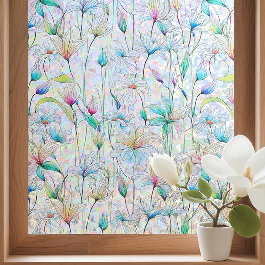 Donox Decorative Window Privacy Film, 3D Floral Stained Glass Window Film Static Cling Rainbow Privacy Sticker for Glass Door Heat Control Anti UV, No Adhesive (Magnolia,35.4 x 157.4 inches)