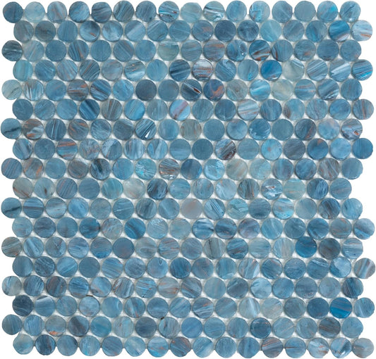 Denim Blue Penny Round Mosaic Glass Tile – Sample Swatch- 4"x5" - Luxurious Design for Bathroom Walls, Kitchen Backsplash, Shower Walls - Elegant Wall Decor - NOT Peel and Stick Tile