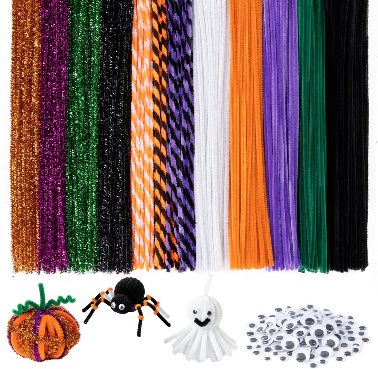 Caydo 500 Pieces Halloween Twist Pipe Cleaners with 100pcs Eyes, Chenille Stems, Pipe Cleaner Crafts for DIY Art and Craft Projects Creative Gift Party Decorations