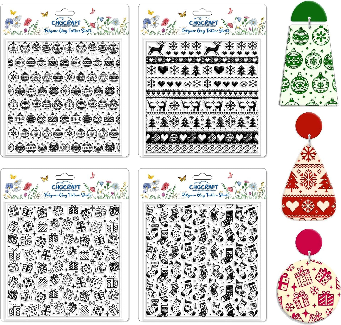 CHGCRAFT 4 Pcs Christmas Polymer Clay Texture Sheets Knitted Patterns Silicone Texture Stamp Snow Socks Clay Texture Mat Modeling Pattern Pad Sheets for Jewelry and Earrings Tools, 5.5x5.5 inch