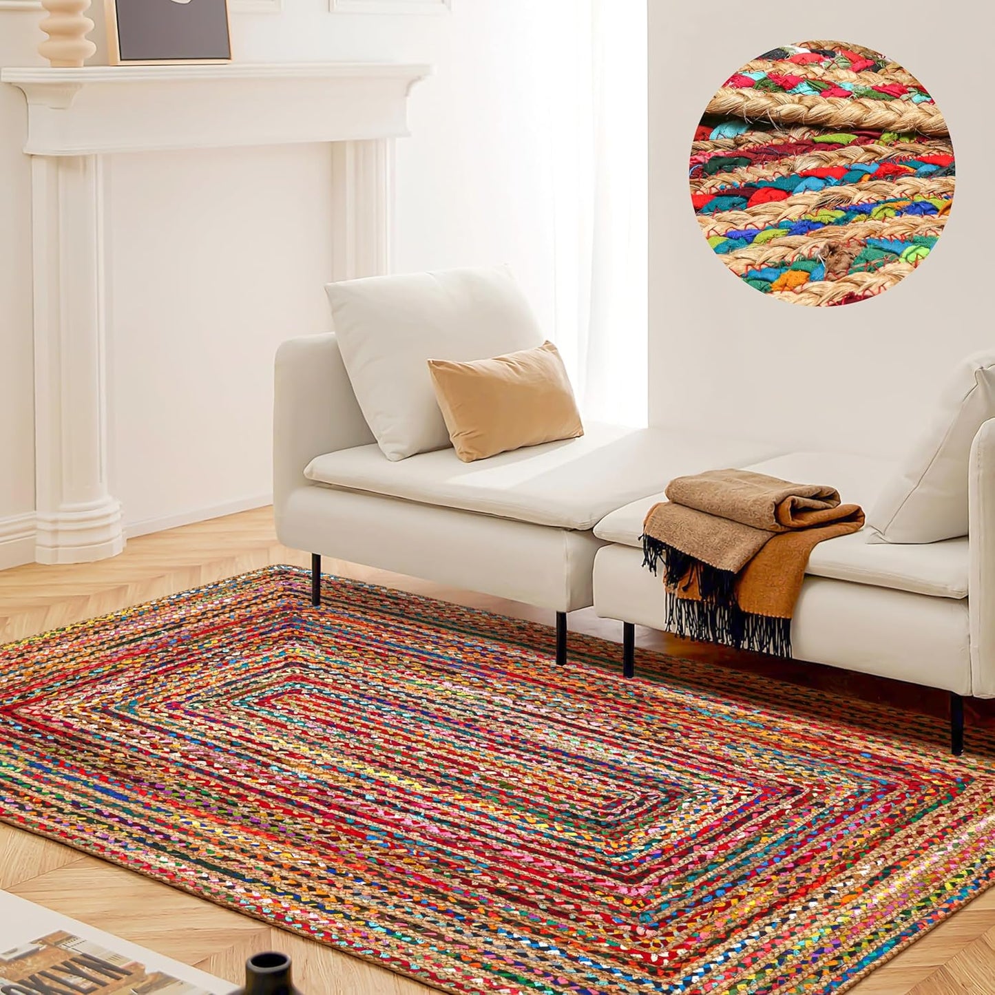 4'x6' Handwoven Jute Chindi Area Rug - Colorful Boho Rugs for Living Room - Hand Braided Multicolor Bohemian Rug for Farmhouse, Bedroom, Dining Room, Classroom, Hallway, Kitchen, Office