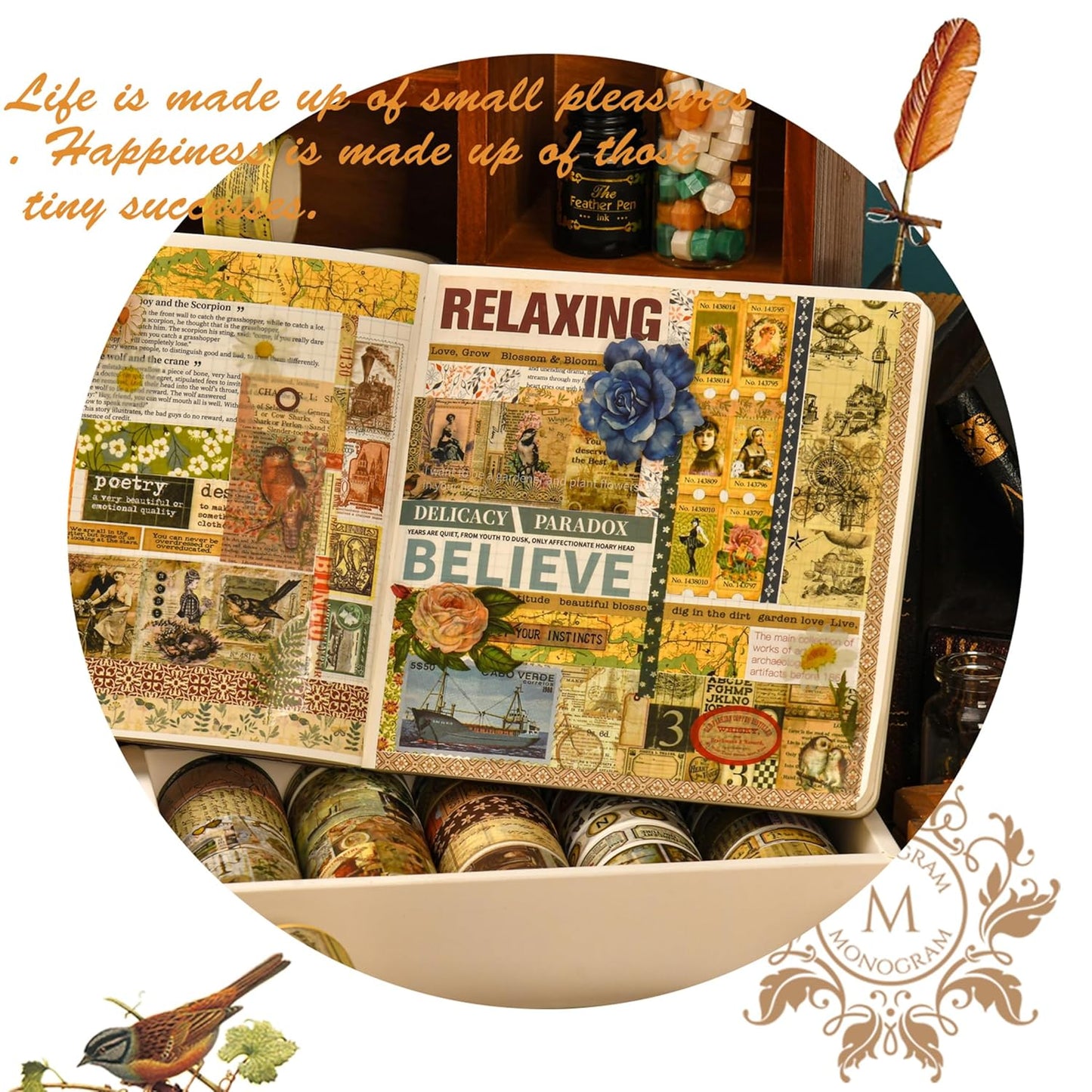 36 Rolls Vintage Washi Tape Pack Retro Arts Adhesive Tapes Wide Chronicle Decorative Masking Tape Sets for Craft, Kids, Scrapbook, DIY, Gift Wrapping (Globetrotting)