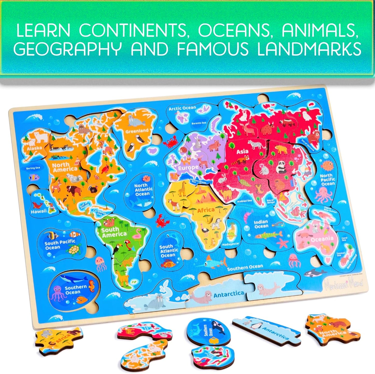 Montessori Mama World Map Wooden Puzzle, Continents and Oceans Puzzles for Kids Ages 4-6. Perfect Educational Toys for 4 Year Old Including Global Landmarks, Animals and Marine Life
