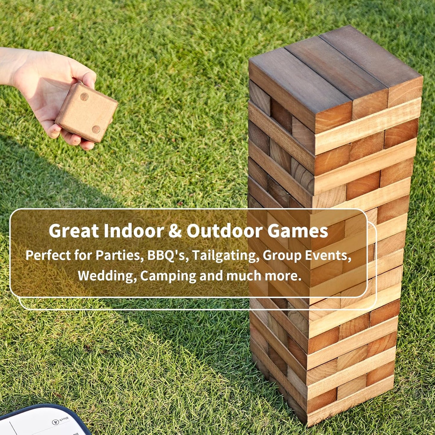 ApudArmis Giant Tumble Tower Stack to Over 5Ft, 60 PCS Pine Wooden Stacking Timber Game with 1 Dice Set - Classic Block Giant Game (7.48 * 2.48 * 1.5 in Each Block, Brown)