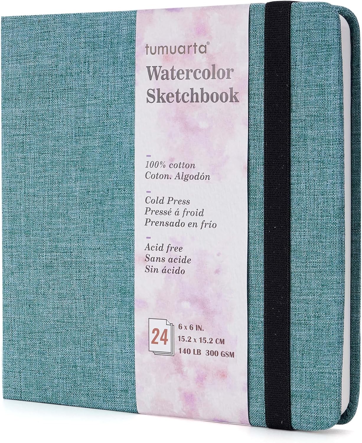 tumuarta Square Watercolor Sketchbook, 6x6”, 140 LB, 300GSM, 100% Cotton Paper, Cold Press, 24 Sheets,48 Pages, Plein Air Watercolor Journal For Use As Travel Sketch book and Mixed Media Pad On The Go