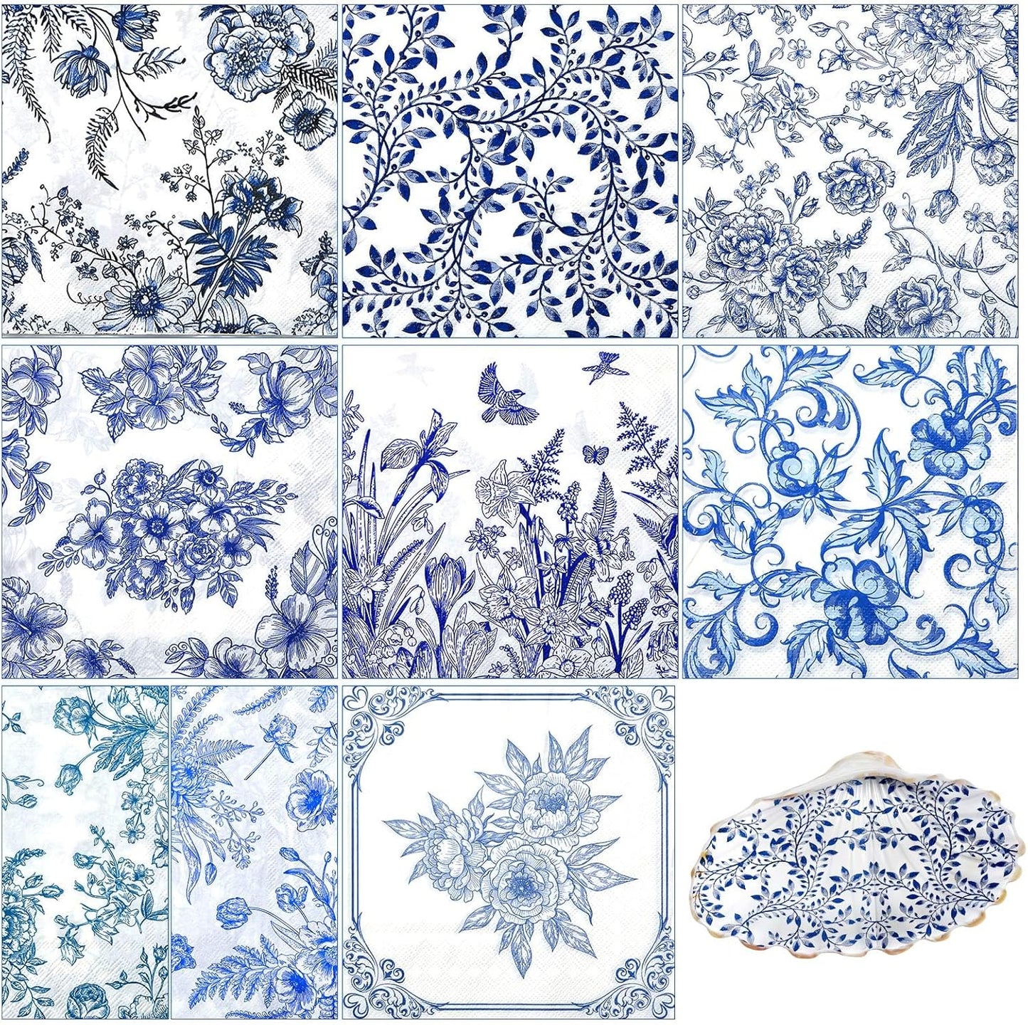 Crtiin 36 Pack 9 Styles Decoupage Napkins Assorted Floral Decorative Decoupage Napkins Chinoiserie Cocktail Paper for DIY Crafting Birthday Party, Each Unfolded 13 Inch(Blue Floral)