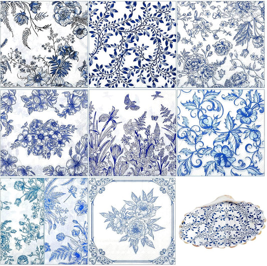 Crtiin 36 Pack 9 Styles Decoupage Napkins Assorted Floral Decorative Decoupage Napkins Chinoiserie Cocktail Paper for DIY Crafting Birthday Party, Each Unfolded 13 Inch(Blue Floral)