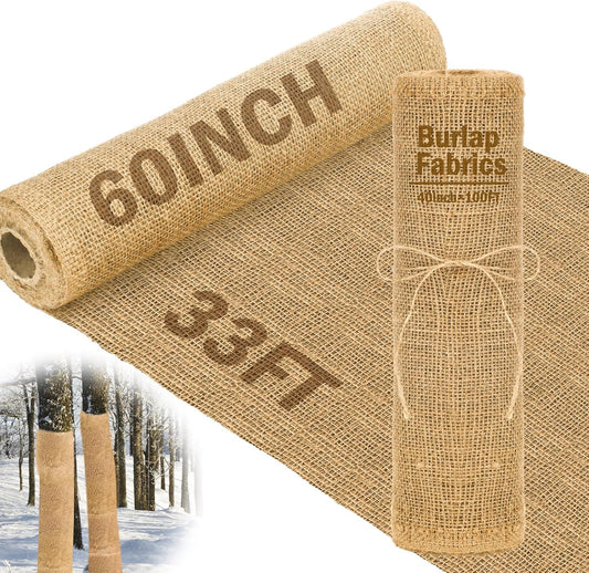 Buryeah 60 Inch x 33 ft Burlap Fabrics Roll Natural Jute Burlap Tree Wraps Protector Winter Frost Plant Blankets Cloth Weed Barrier Fabric Garden Plants for Winter Outdoor Trees Shrubs Party