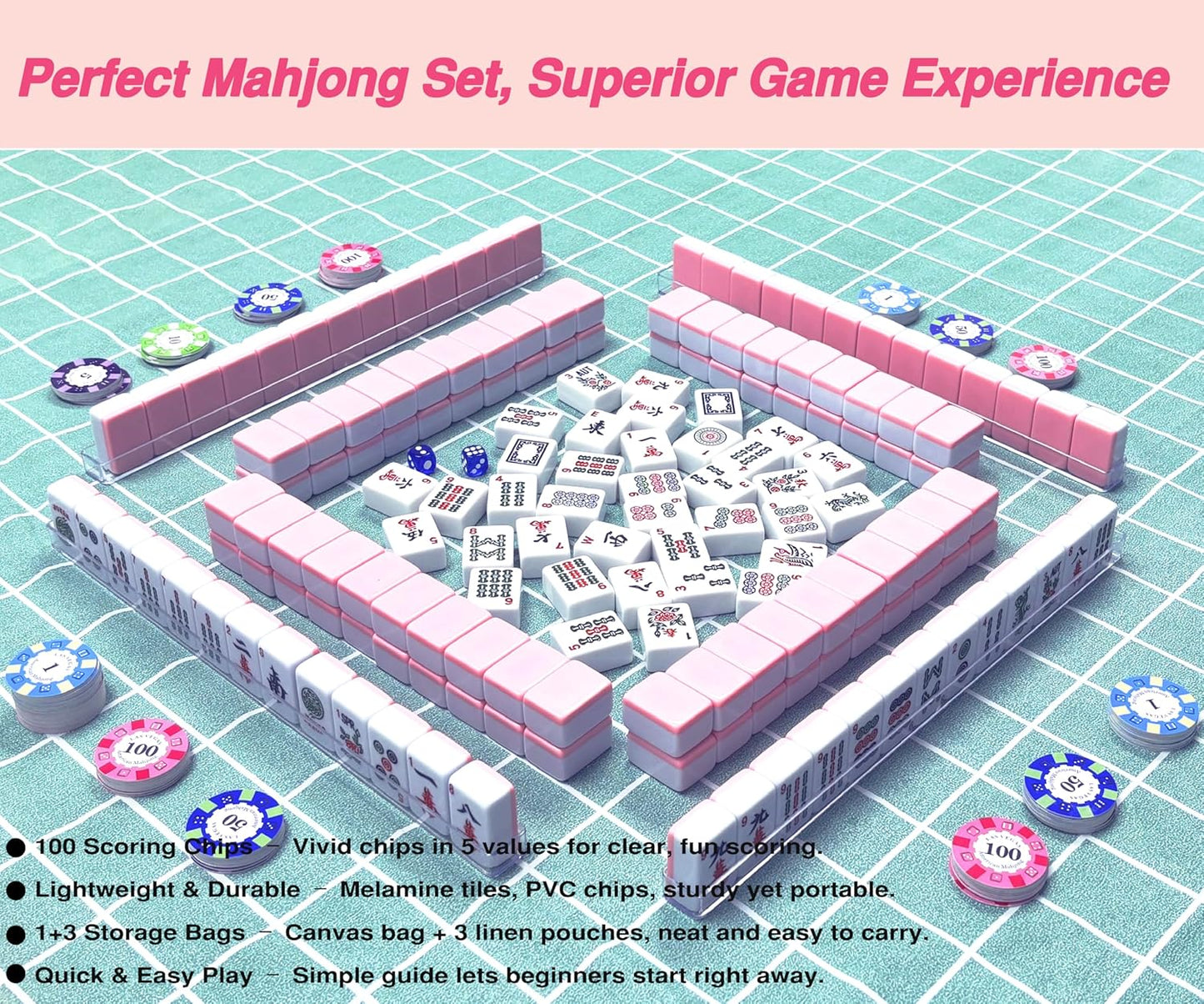 American Mahjong Tile Set – Complete 166 Tiles with Deluxe Accessories, 4 Racks, 100 Colorful Chips, Instruction Book & 1+3 Mahjong-Themed Storage Bags, Portable Mahjong Set for Family Fun & Holidays