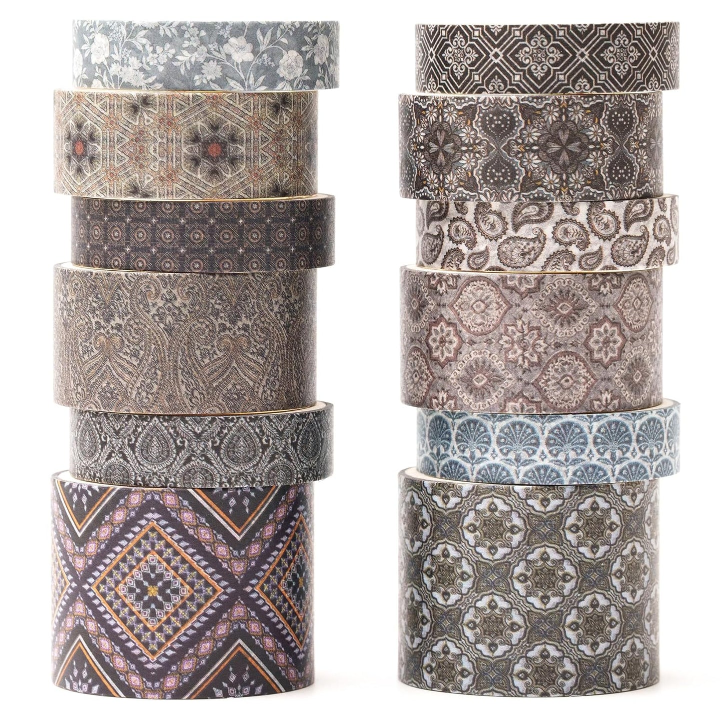 12 Rolls Exotic Charm Washi Tape Set Floral Arts Adhesive Tapes Geometric Garden Decorative Masking Tape Sets for Craft, Kids, Scrapbook, DIY, Gift Wrapping (Inked Gold)