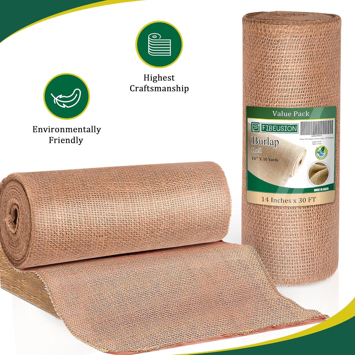 Burlap Table Runners 14 Inches x 30 FT - No-Fray Finished Edge Premium Natural Table Runner Burlap Roll – No Odor, Eco-Friendly Tablecloth Roll for Rustic Table Decor and Other DIY Crafts