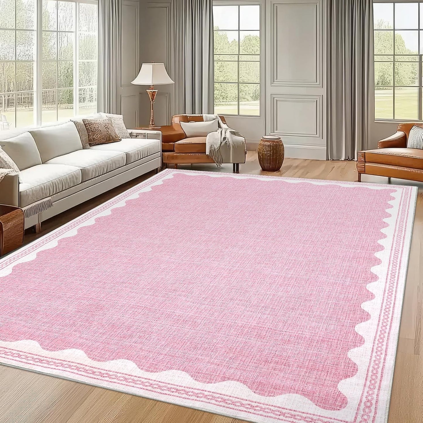 Scalloped Washable Rug 9x12 Area Rugs for Living Room, Solid Pink Rug for Bedroom Girls, Non Slip Throw Mat with Rubber Back, Soft Dorm Nursery 9x12 Carpet for Dining Room