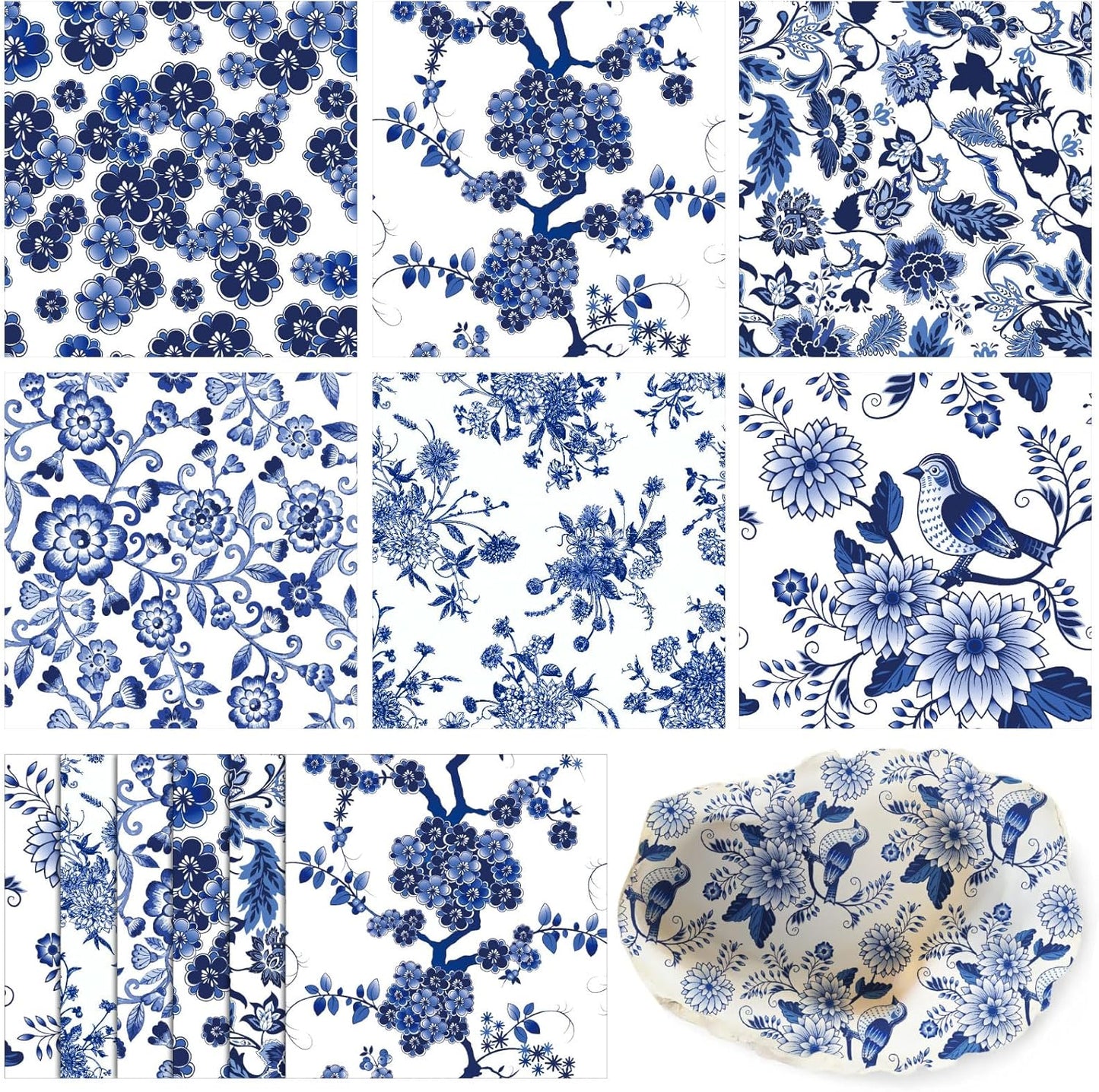 Epakh 36 Pack 6 Style Blue and White Decoupage Paper Napkins Assorted Floral Chinoiserie Decorative Cocktail Napkin Paper for DIY Crafts Fall Christmas Wedding Party Decor, Each Unfolded 13''