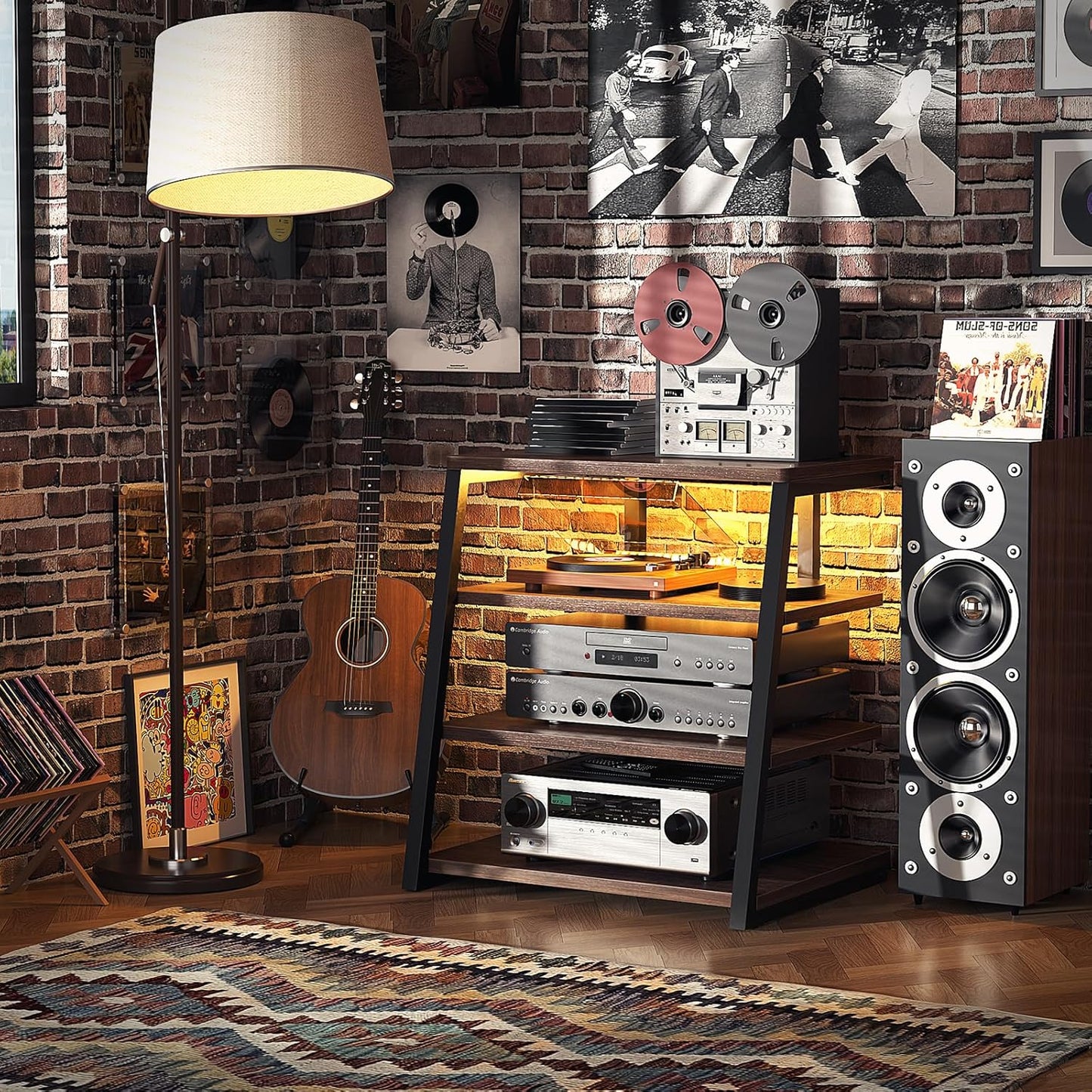 Armocity 4-Tier AV Media Stand with Power Strips, Corner TV Stand with LED Lights, Rack Audio Tower with Adjustable Shelves, Corner Entertainment Center, 30'', Black Walnut