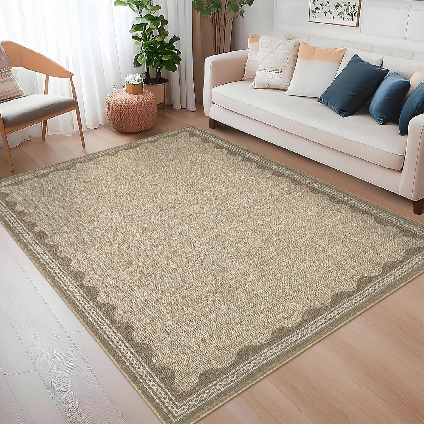 Scalloped Rug 4x6 Rugs for Entryway, Small Area Rugs Solid Jute Rug for Bedroom Girls, 4x6 Washable Rugs for Living Room, Non Slip Scalloped Bath Mat, Soft Dorm Nursery Carpet for Bedside
