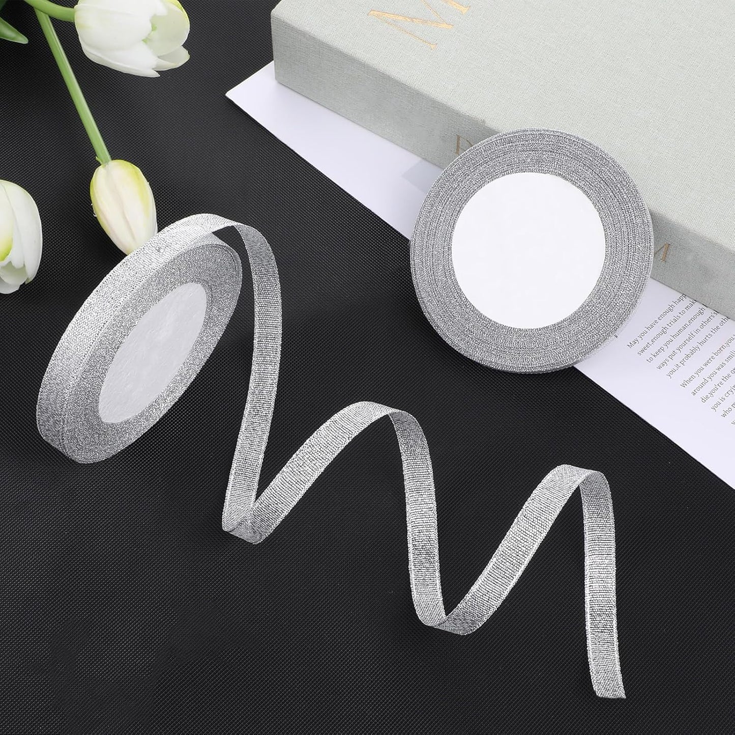 3/8 Inch Silver Glitter Ribbon 50yard (2rolls) Sparkly Metallic Fabric Ribbons Silver Organza Shimmer Sheer Ribbon for Gifts DIY Party Wrapping Wedding Decoration and Crafts