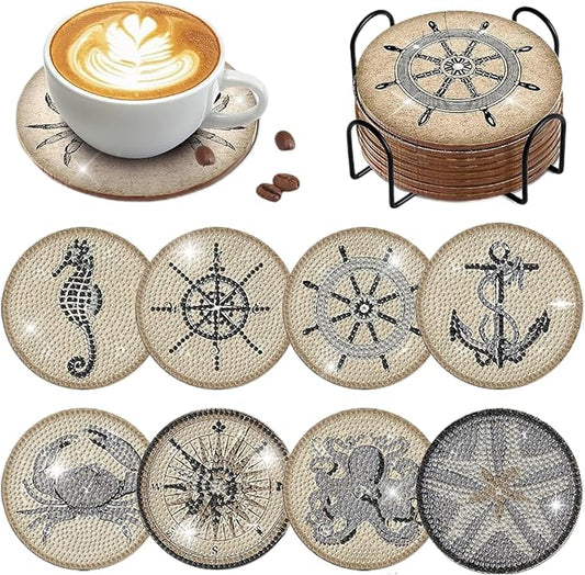8 pcs Diamond Painting Coasters | Diamond Art Coasters | Vintage Nautical Diamond Art Painting | Perfect Art Craft Gift for Vintage Nautical Lover, Dad, Mom, Grandparents, Brother, Sister.