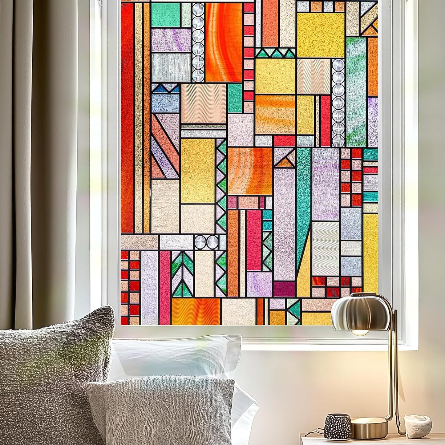 3D Stained Glass Window Privacy Film, Heat Control UV Blocking Static Cling Decorative Window Film for Bathroom,Front Door,Home Non Adhesive,35.4 x 78.7 inches Autumn Reverie