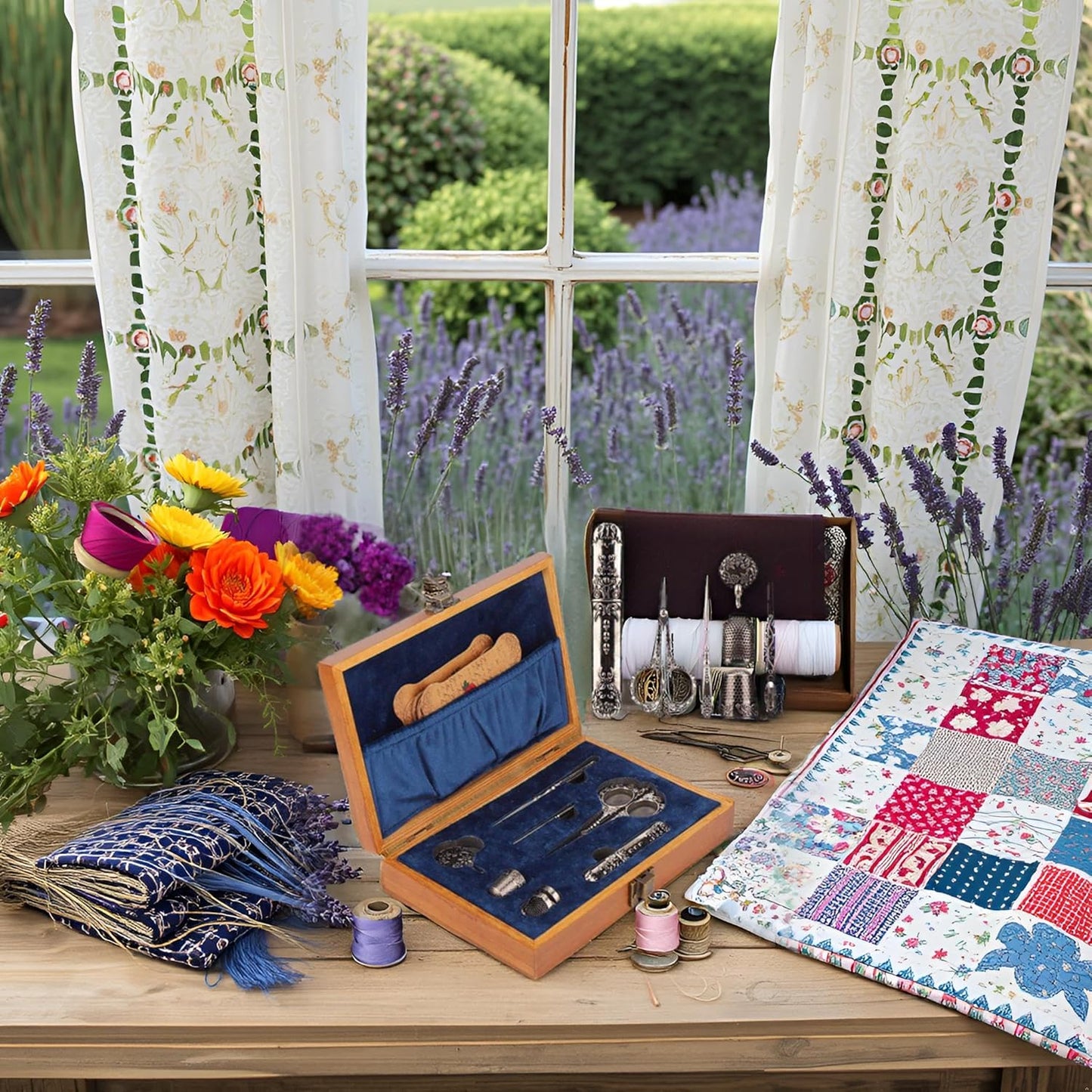 Vintage Embroidery Scissors Set, Comfortable Handle, Stainless Steel, Antique Design, Complete Sewing Kit for Embroidery, Needlework, with Thimble, Threader, and Needle Case