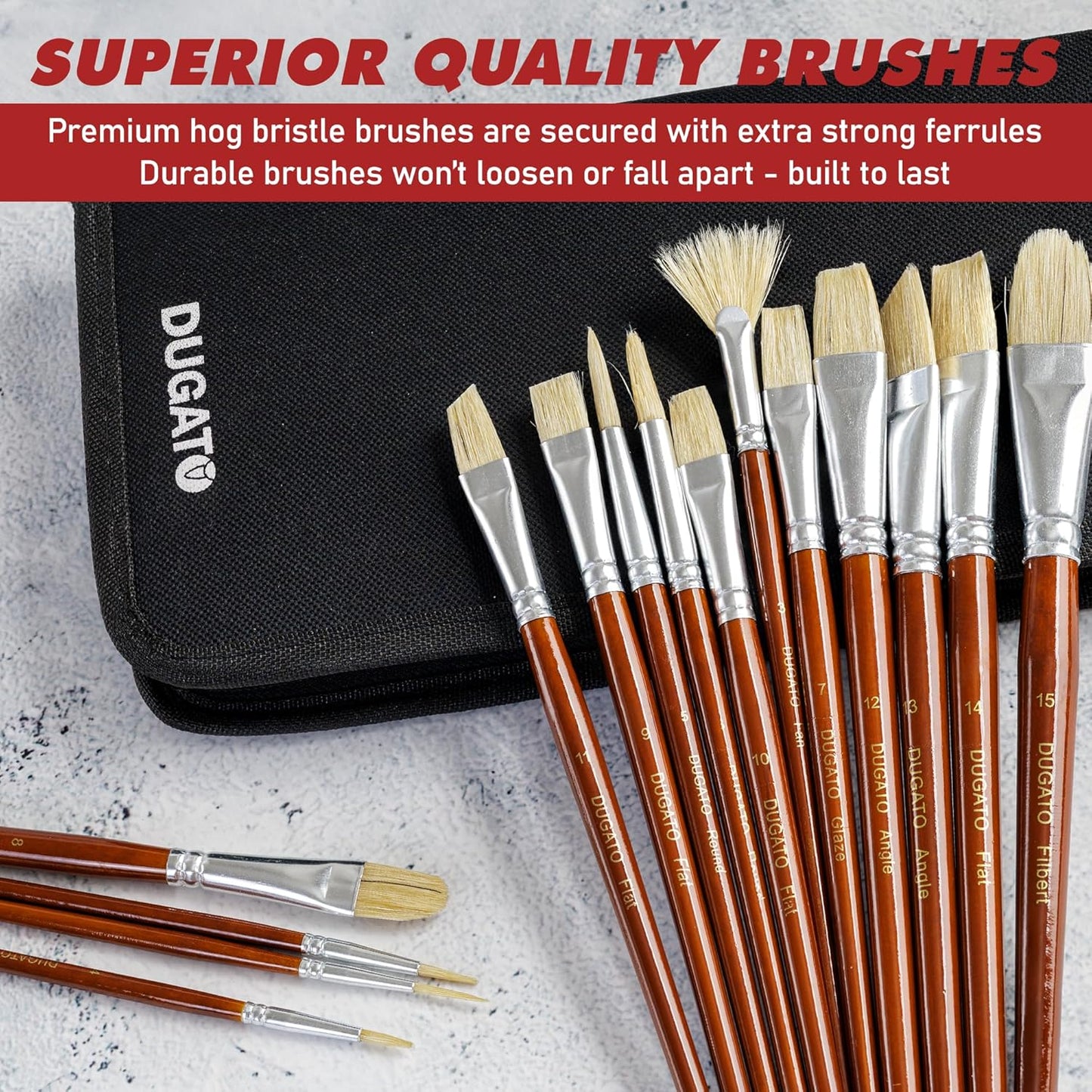 DUGATO Artist Paint Brush Set (15pc) - Short Handle Hog Bristle Brushes for Oil, Acrylic, Gouache, Watercolor - Includes Pop-Up Case, Palette Knife & Sponges - Professional Art Supplies
