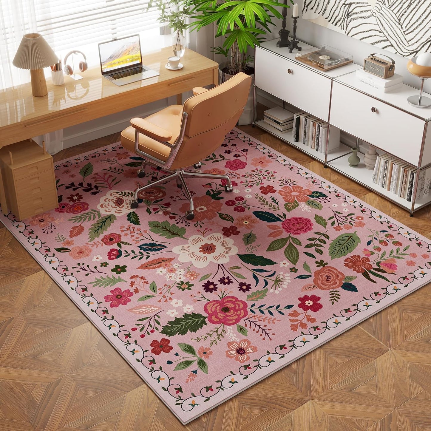 Rugcomf Bedroom Rug 3x5 Rug Washable Area Rug Non Slip Low Pile Boho Floral Small Carpet for Bedroom, Bedside, Kitchen, Entryway, Kids Room, Office, College Dorm Essentials for Girls(Pink)