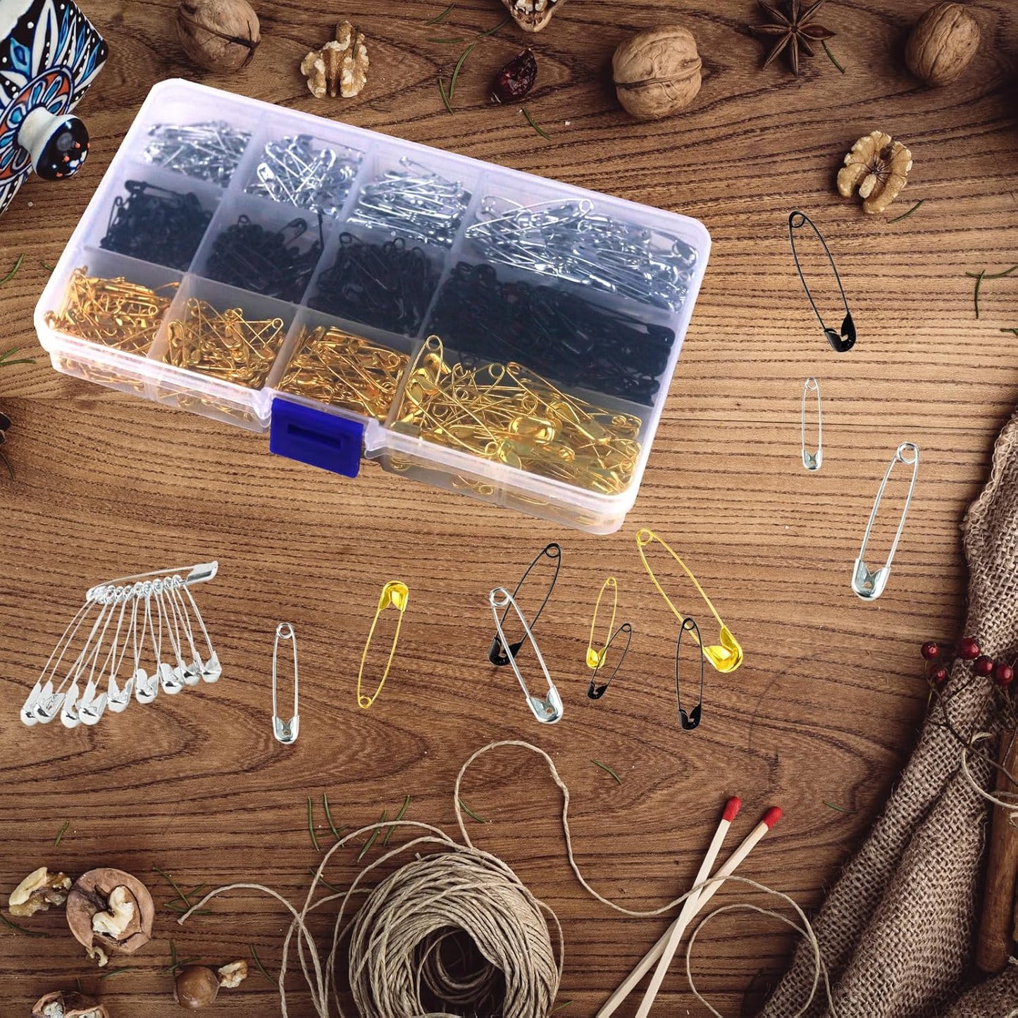 720 Pcs 3 Colors Safety Pins 4 Sizes Strong Safety Pins with Storage Box Assorted for Craft Sewing Art Clothes Jewelry Making(Gold, Black, Silver)