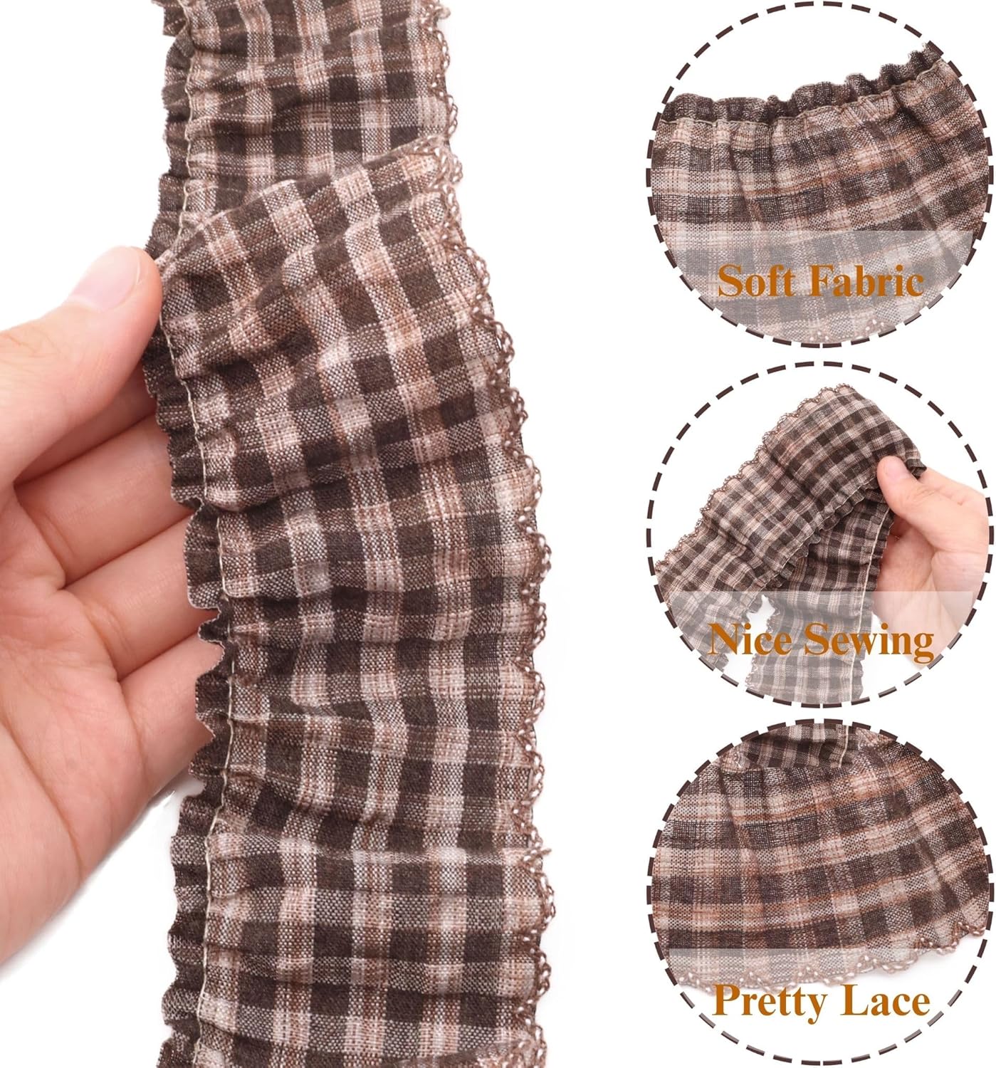 Gingham Ruffle Lace Trim Pleated Lace 5 Yards Gathered Gingham Fabric Edge Ribbon Trim for Dresses, Wedding Gowns, Crafts, Home Decor (Brown)