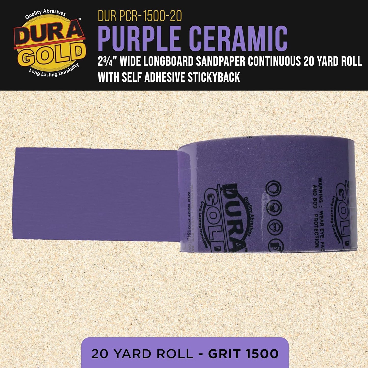 Dura-Gold Premium 1500 Grit PSA Purple Film Ceramic Longboard Sandpaper, 2-3/4" Wide Continuous 20 Yard Roll - Self Adhesive Stickyback for Auto & Wood Air File Long Board Sanders, Hand Sanding Blocks