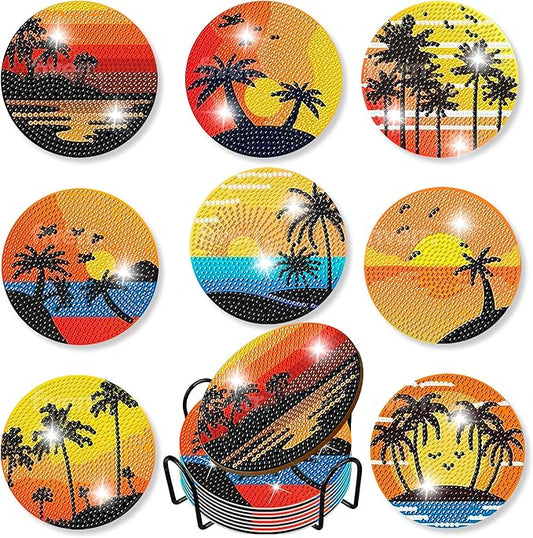 8 pcs Diamond Painting Coasters | Diamond Art Coasters | Sunset Diamond Art Painting | Perfect Art Craft Gift for Sunset Lover, Dad, Mom, Grandparents, Brother, Sister.