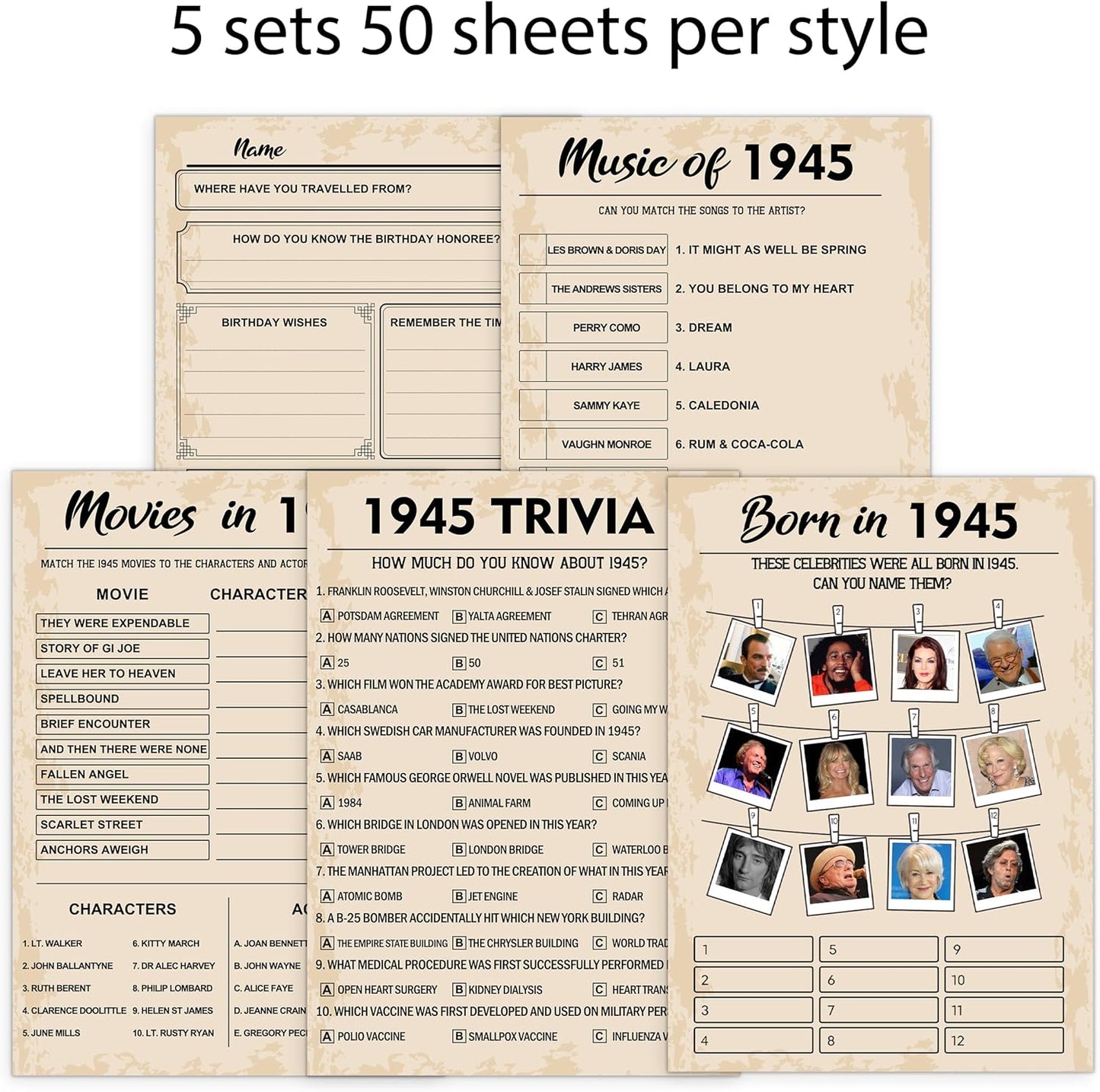 80th Birthday Party Games, Set of 5 Activities for 10 Guests, Born in 1945 Games Bundle, Birthday Party Supplies for Adults, Pack of 50 Cards