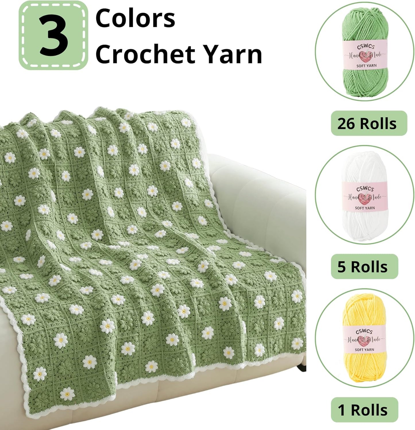 CSWCS Crochet Blanket Kit for Beginners, Daisy Granny Square Throw Kit for Adults, Easy Learn How to Knitting with Yarn & Hook, Complete Starter Set with Step-by-Step Instructions (47" x 39")