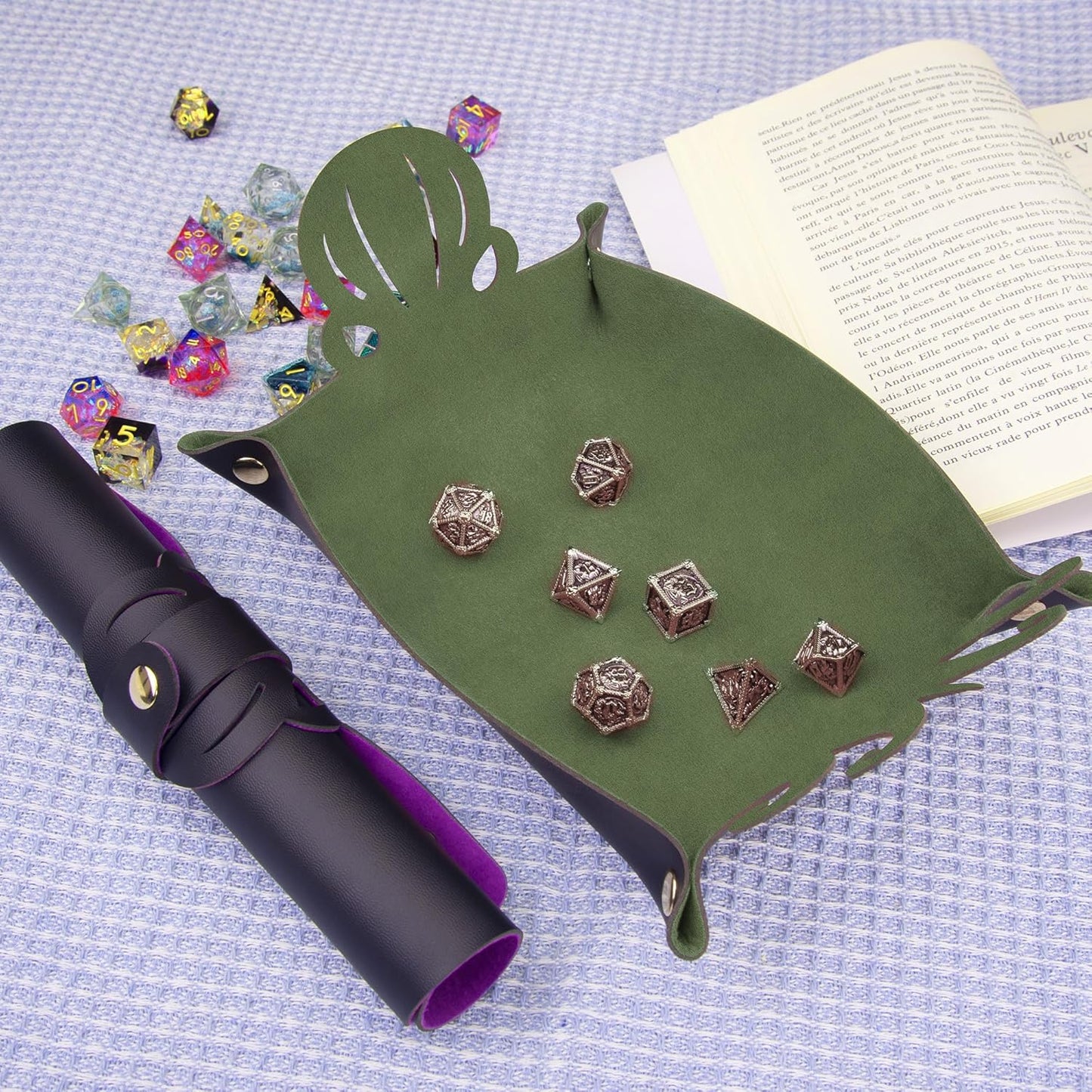 SIQUK 2 Pieces Octopus Dice Rolling Tray PU Leather Dice Mat Folding Scroll Dices Holder Trays for D&D RPG Games (Dark Green, Violet)