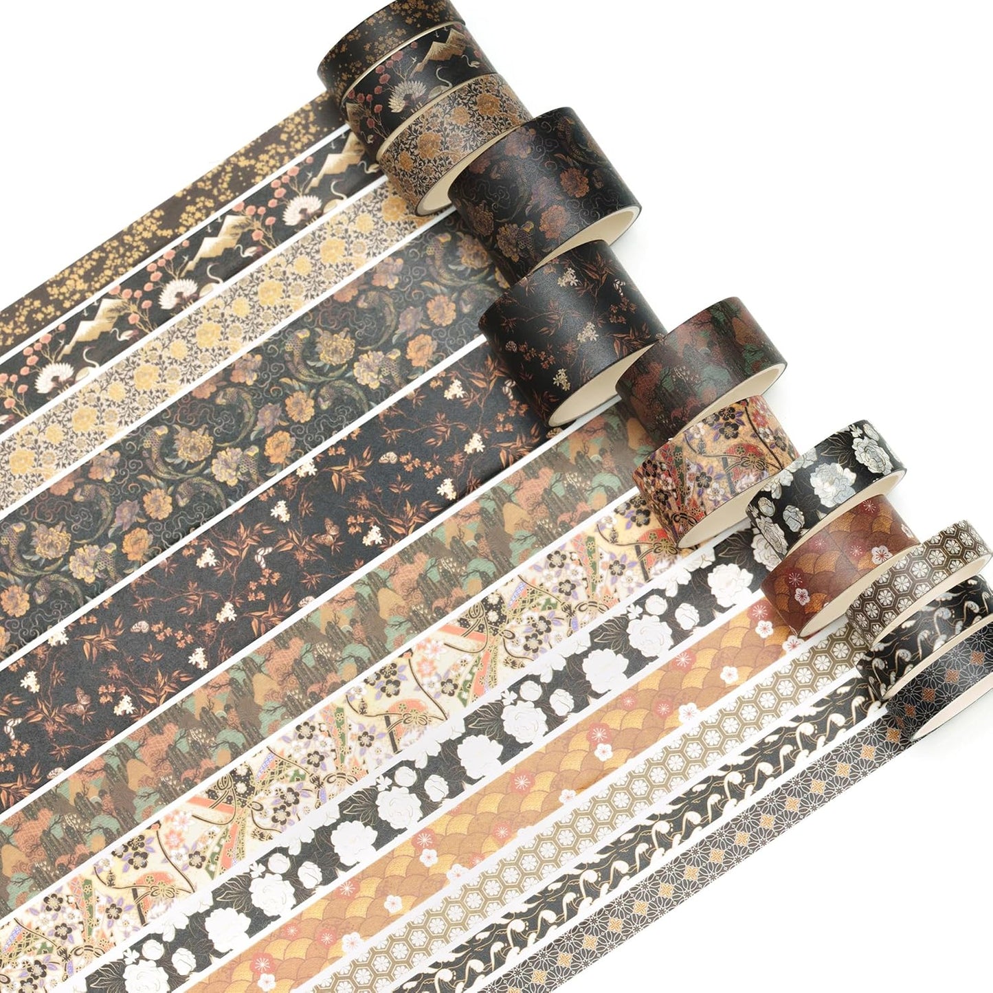 12 Rolls Kyoto Charm Washi Tape Set Japanese Arts Adhesive Tapes Geometric Garden Decorative Masking Tape Sets for Craft, Kids, Scrapbook, DIY, Gift Wrapping (Black Elegance)