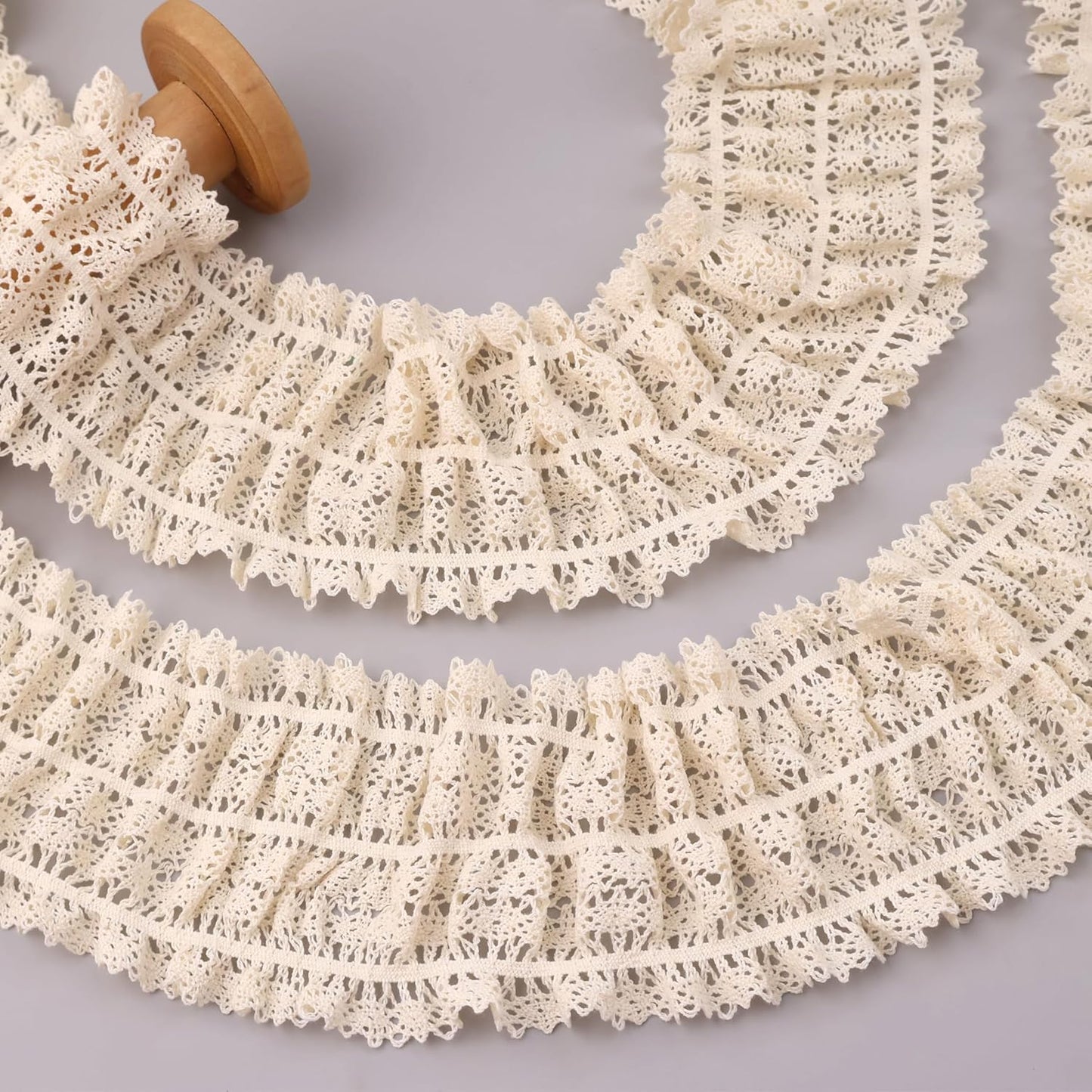 Beige Ruffle Lace Trim 3.55''x3yds Gathered Elastic Lace Ribbon for Sewing Crafts, Apparel Home Decor