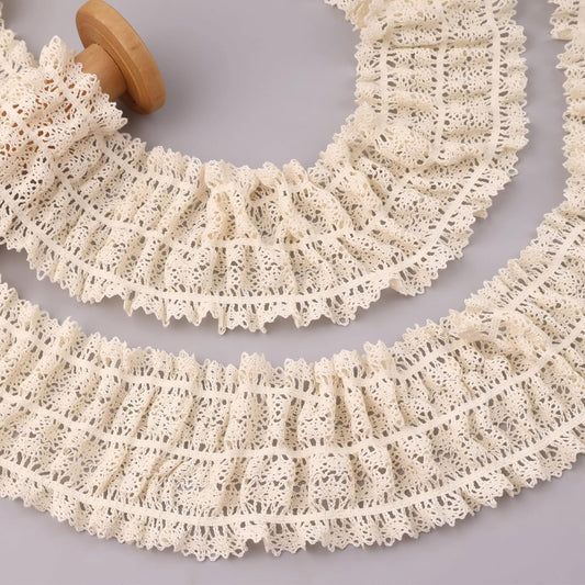 Beige Ruffle Lace Trim 3.55''x3yds Gathered Elastic Lace Ribbon for Sewing Crafts, Apparel Home Decor