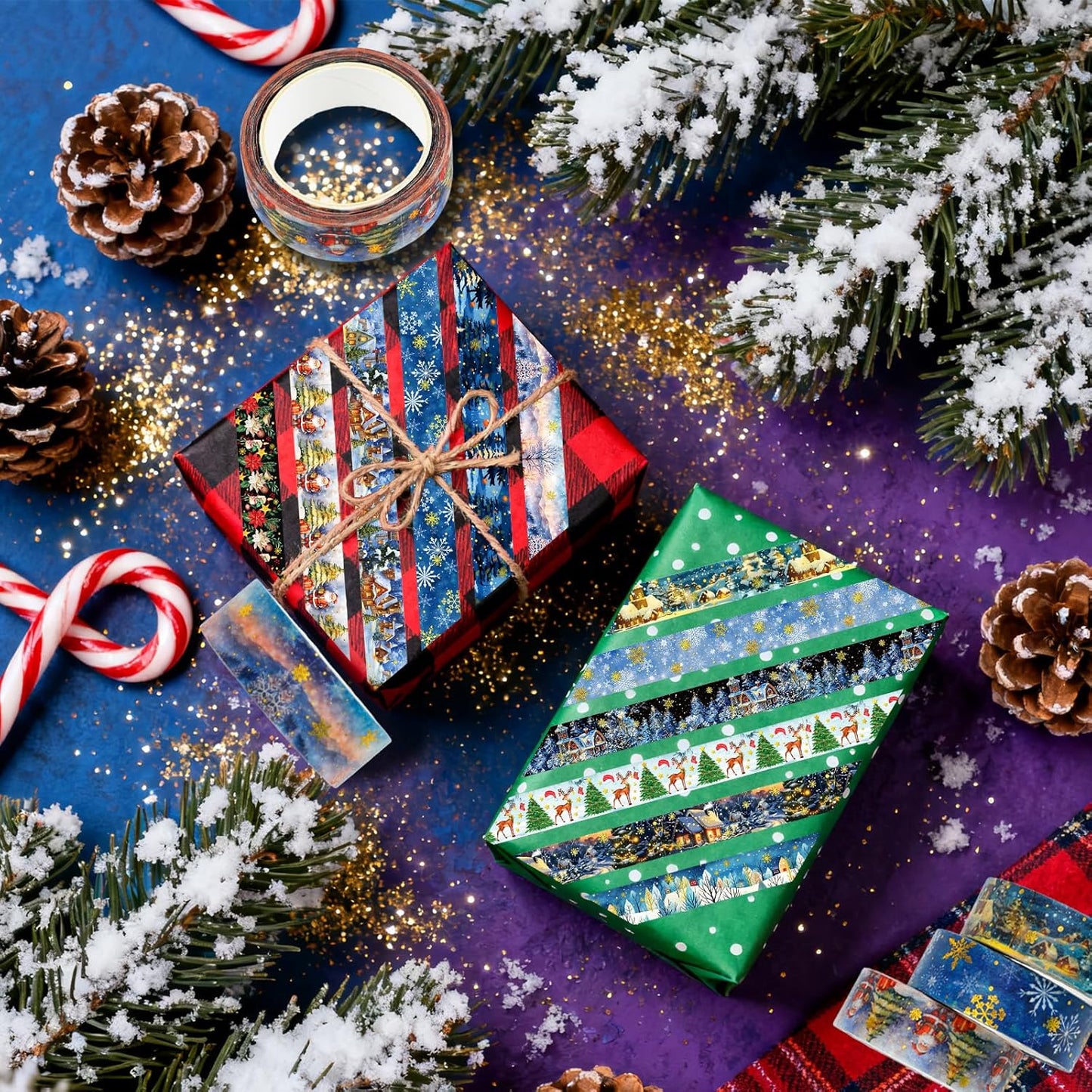 12 Rolls Christmas Washi Tapes, Christmas Tree Snowflakes Santa Claus Masking Tape, Gold Foil Winter Xmas Decorative Tape for Planner Scrapbook Journal DIY Arts Craft Gift Wrapping 16.4FT