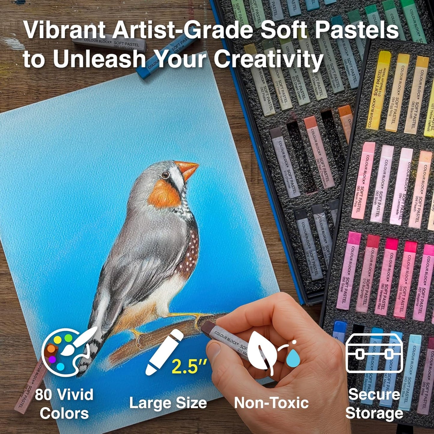 COLOUR BLOCK 80pc Soft Pastels for Artists I Color Chalk Pastels Set, Coloring Charcoal Sticks, Drawing Art Supplies for Adults, Beginners, Kids
