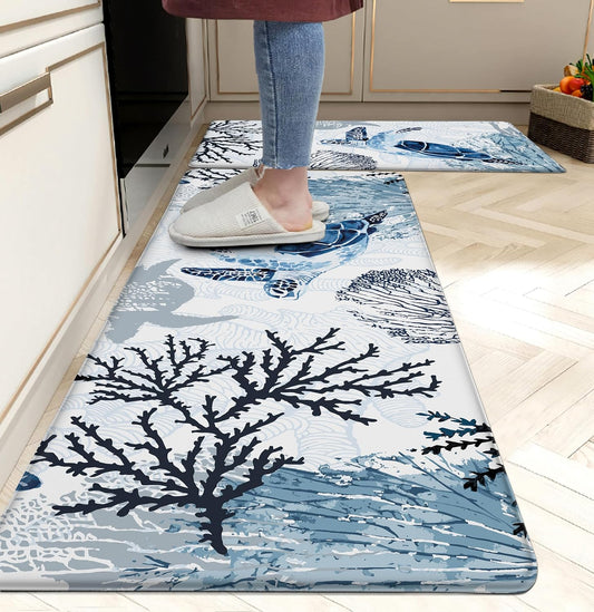 Coastal Beach Kitchen Floor Mat Rugs Nautical Decorative Coral Sea Turtle Kitchen Rugs Anti Fatigue Mats Non-Slip Comfort Standing Cushioned for Kitchen 17.3" 28" + 17.3" x 47" Set 2 Pcs Navy Blue