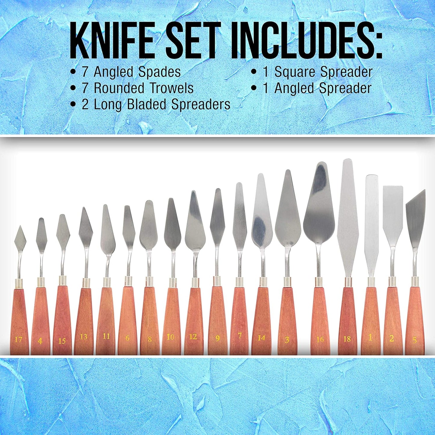 U.S. Art Supply 18-Piece Stainless Steel Palette Knife Set for Acrylic Painting - Wood Handle Paint Spatula Tools for Oil, Canvas Art - Painting Knives for Mixing, Texturing - Pallet Knives for Art