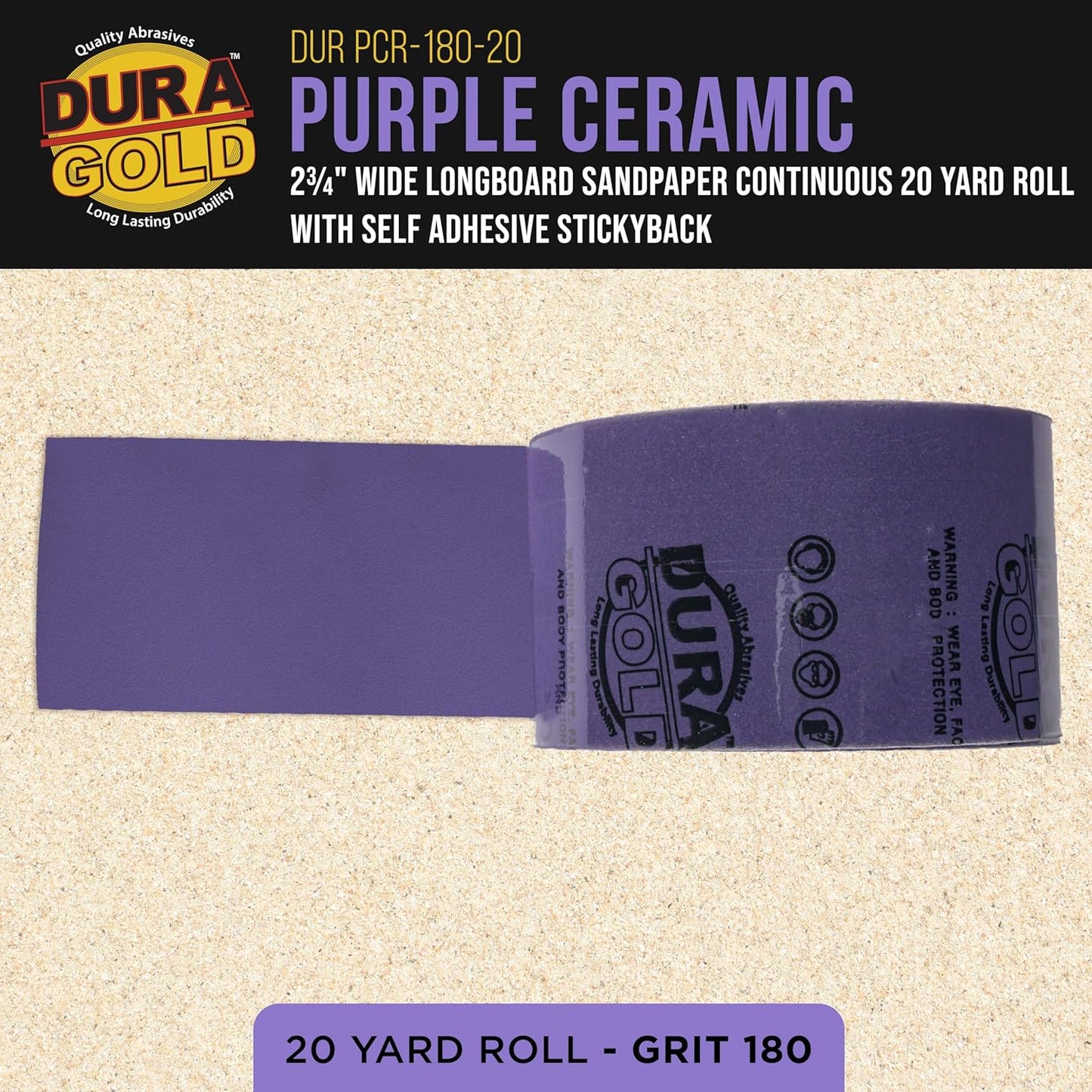 Dura-Gold Premium 180 Grit PSA Purple Film Ceramic Longboard Sandpaper, 2-3/4" Wide Continuous 20 Yard Roll - Self Adhesive Stickyback for Auto & Wood Air File Long Board Sanders, Hand Sanding Blocks