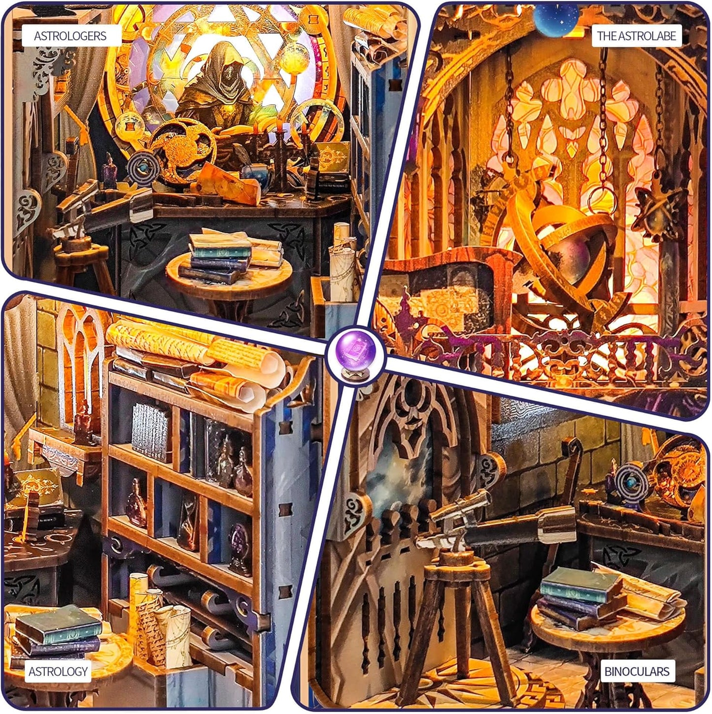 DIY Book Nook Kit, Miniature Dollhouse Booknook Kit, 3D Wooden Puzzle Bookend Bookshelf Insert Decor Diorama Kit with LED Light for Teens and Adults (Star Map Secrets)