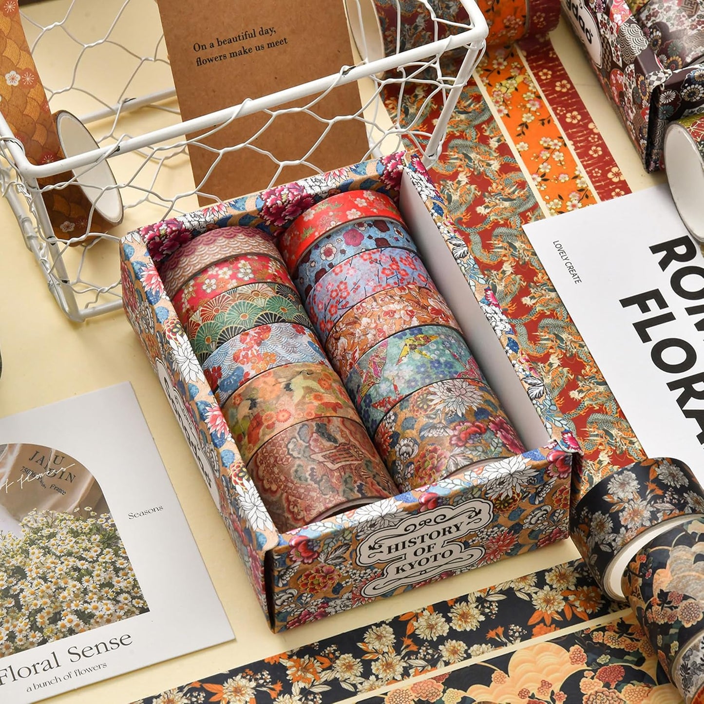 12 Rolls Kyoto Charm Washi Tape Set Japanese Arts Adhesive Tapes Geometric Garden Decorative Masking Tape Sets for Craft, Kids, Scrapbook, DIY, Gift Wrapping (Incense & Fireworks)