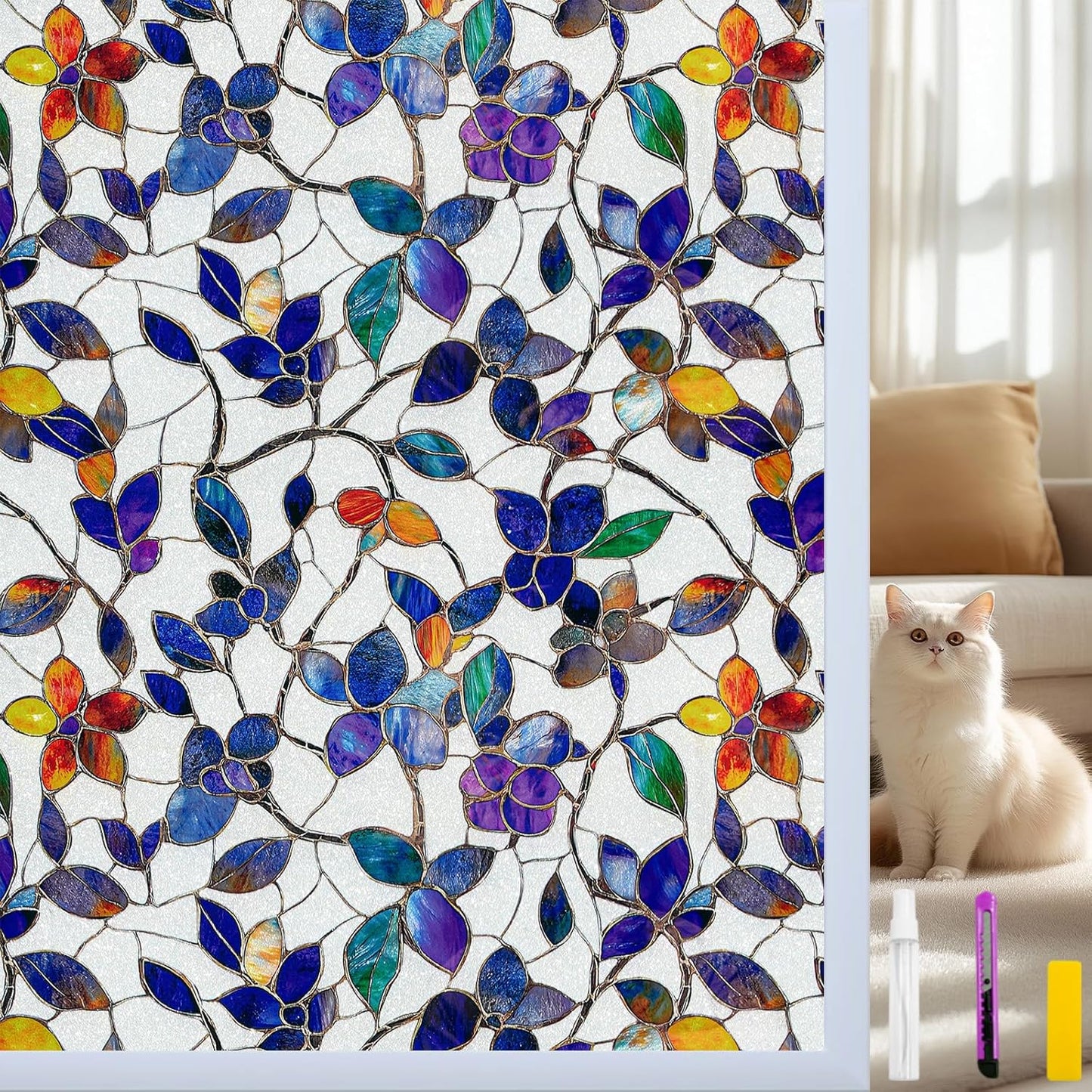 Window Privacy Film Stain Glass Window Film Rainbow Window Film Window clings Non-Adhesive Reusable Decorative for Room (Frosted Stained Leaf, 17.5 x 78.7 in)