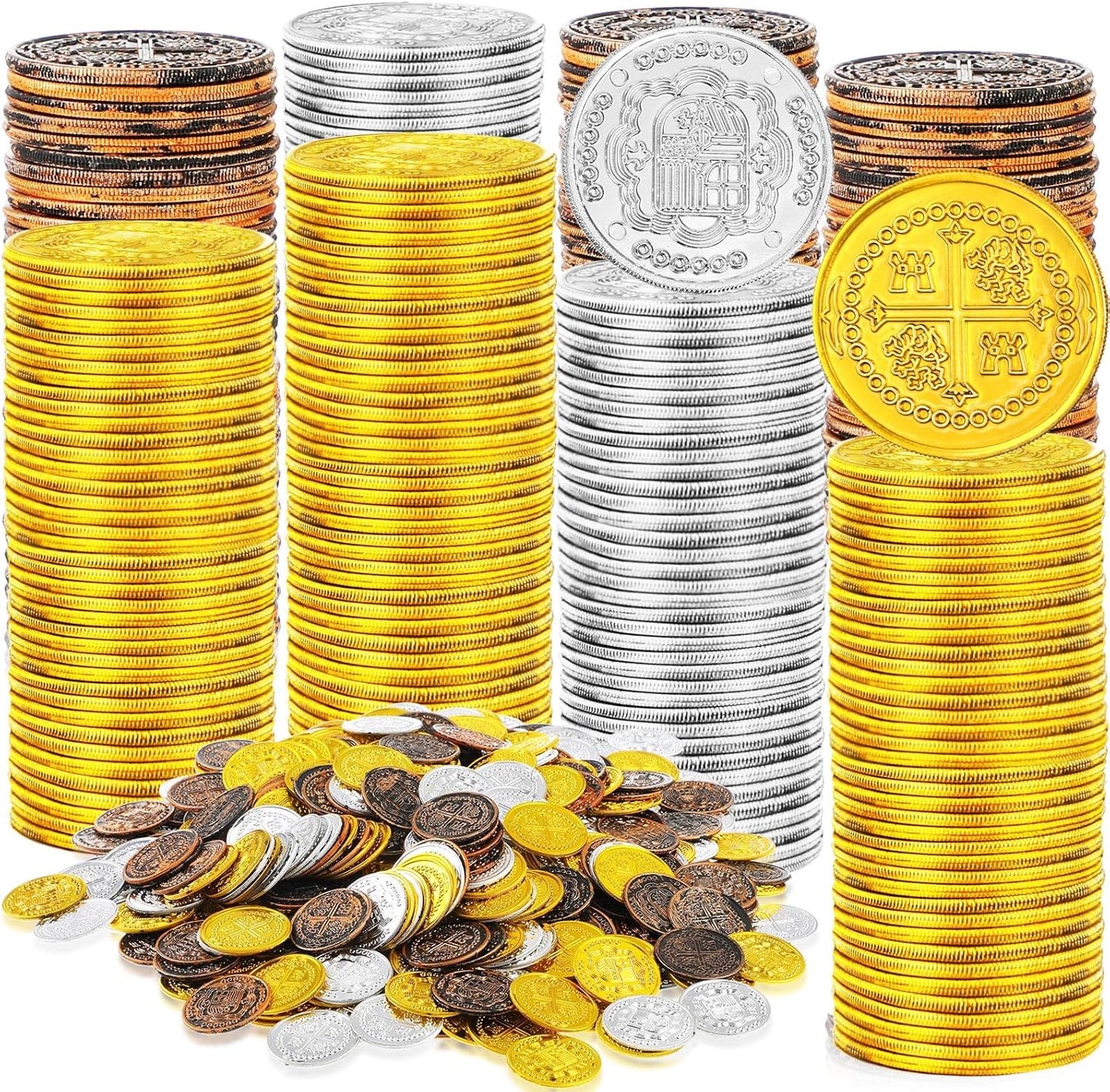 Hanaive 100 Pcs Pirate Coins Plastic Kids Fake Play Replica Spanish Doubloons St. Patrick's Coin for Pirate Party Treasure Chest Board Games Tokens Toys Cosplay (Gold, Silver, Bronze,Round)