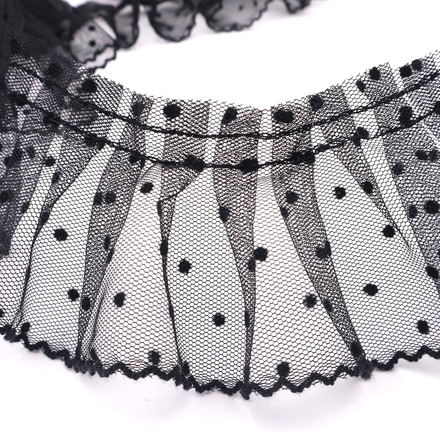 Dots Lace Ruffle Trim for Sew, Crafts 2.4" x5yd Single Layer Pleated Edge Lace Ribbon (Black)