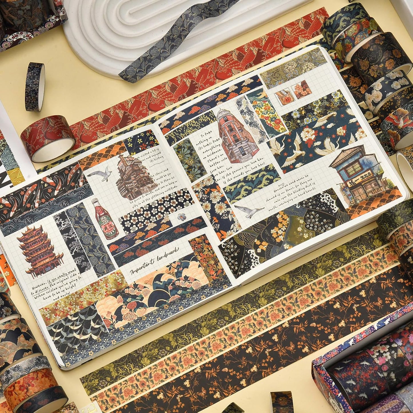 12 Rolls Kyoto Charm Washi Tape Set Japanese Arts Adhesive Tapes Geometric Garden Decorative Masking Tape Sets for Craft, Kids, Scrapbook, DIY, Gift Wrapping (Cerulean Showa)