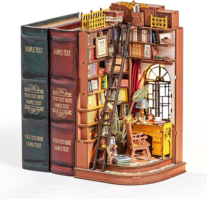 Rolife DIY Book Nook Kits for Adults, Miniature Dollhouse Booknook Kit, 3D Wooden Puzzle Creative Decorative Bookends Bookshelf Diorama Insert Crafts Hobbies Gifts (Silent Corner Study)