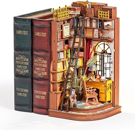 Rolife DIY Book Nook Kits for Adults, Miniature Dollhouse Booknook Kit, 3D Wooden Puzzle Creative Decorative Bookends Bookshelf Diorama Insert Crafts Hobbies Gifts (Silent Corner Study)